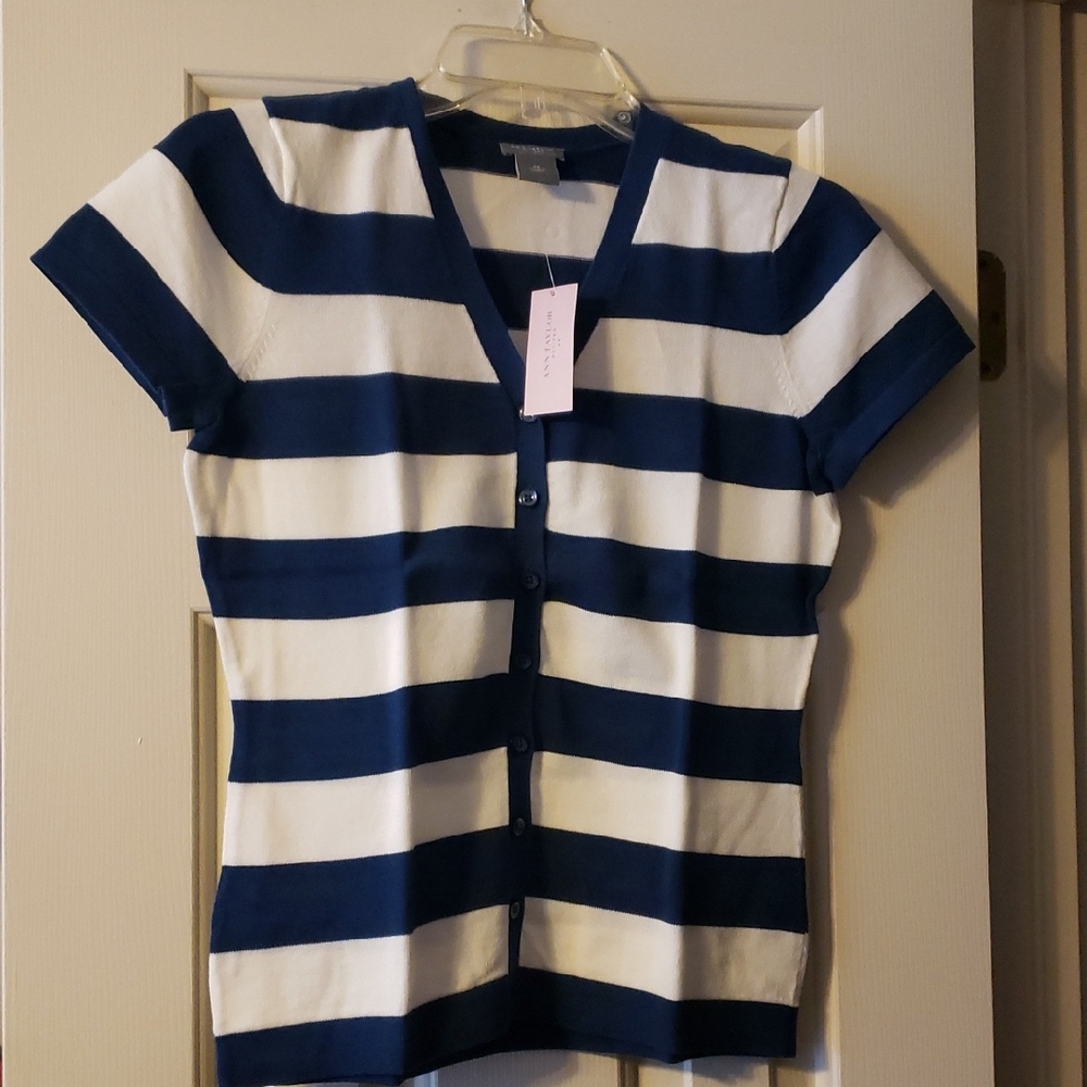 Ann Taylor Petite Bkue And White Striped Sweater Size SP